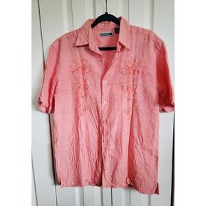 Cubavera M Men's Linen Cotton Hawaiian Button Front Shirt Coral Floral Embroider